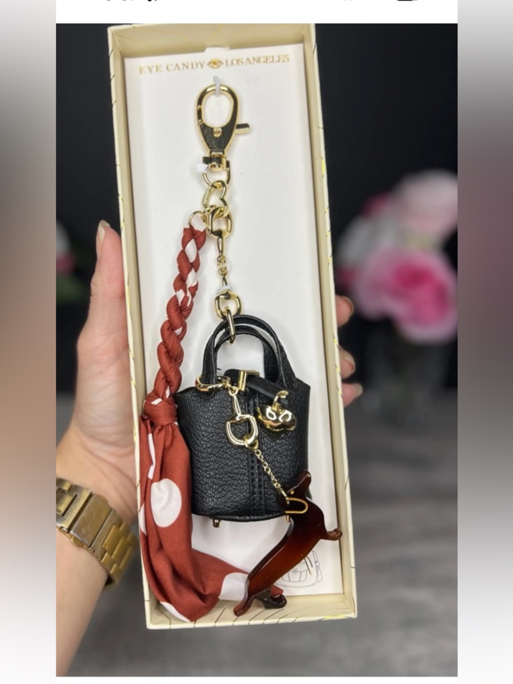 NIB Eye Candy LA Bag Charm Trio: Dachshund Dog, Mini Pouch & Silk Scarf
